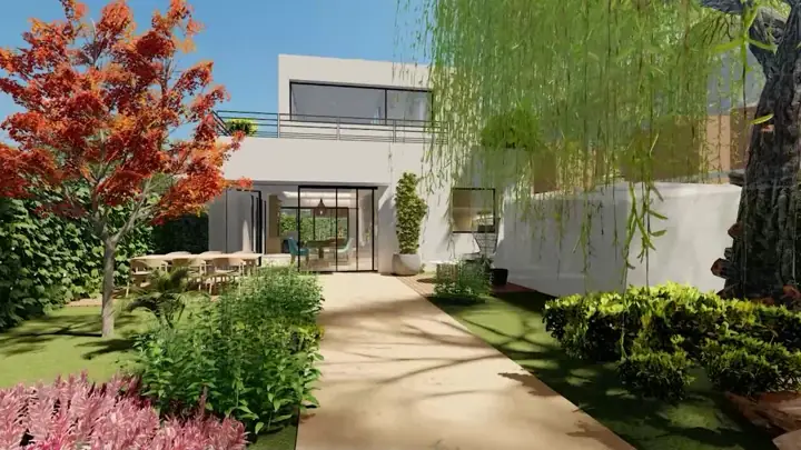 Projection 3D d’une maison contemporaine avec terrasse et jardin