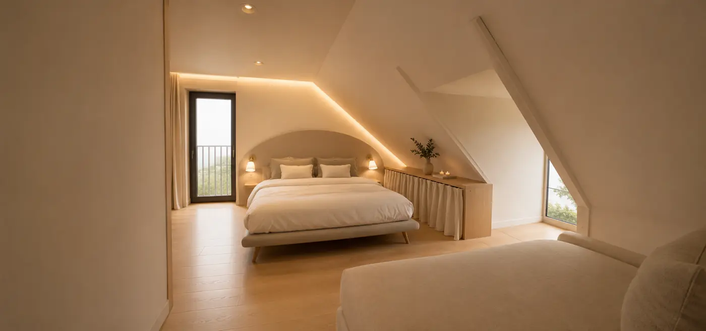 Chambre sous combles : lit, éclairage indirect le long de la pente du toit et porte-fenêtre