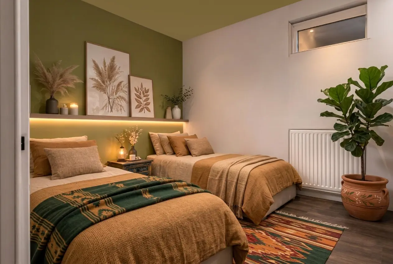 Chambre à deux lits avec mur vert olive, étagère lumineuse et grand ficus