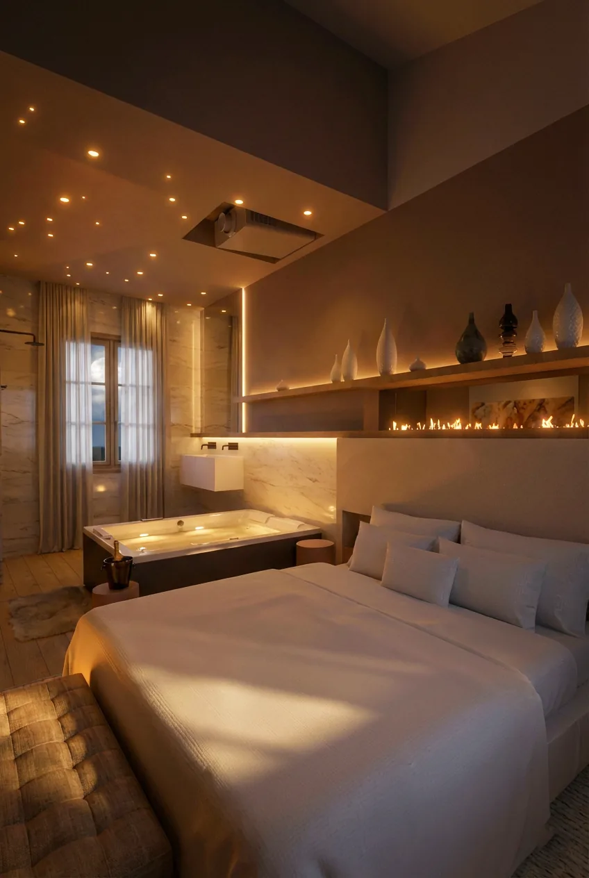 Projection 3D d’une suite avec baignoire balnéo, cheminée décorative et spots au plafond