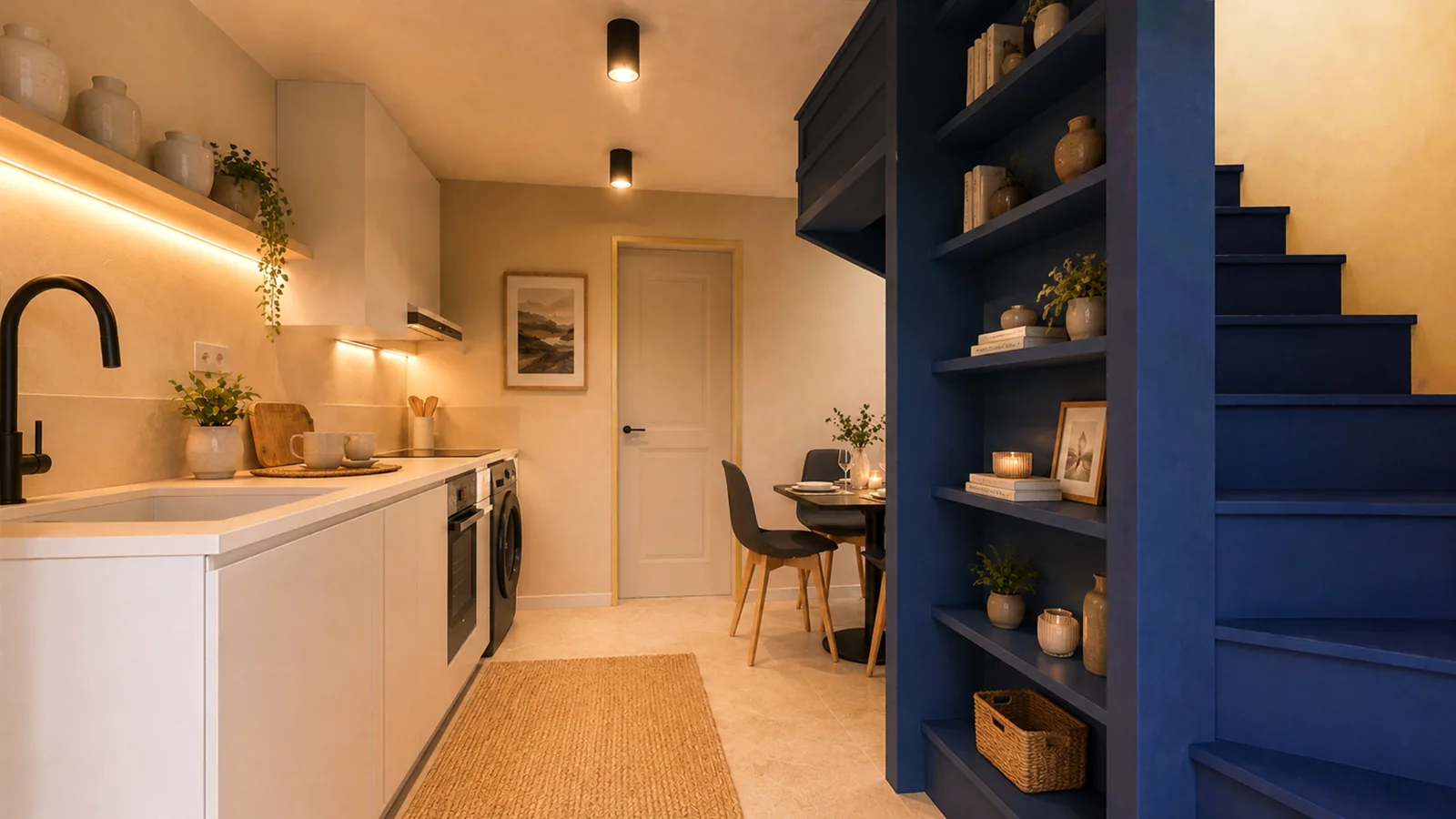 Cuisine et escalier bleu