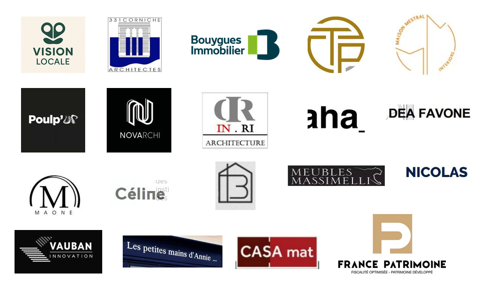 Logos des clients et partenaires présentés par Olivia : Vision Locale, 331 Corniche Architectes, Bouygues Immobilier, Maison Mestral, Novarchi, Dea Favone, Meubles Massimelli, Vauban Innovation, Casa Mat et France Patrimoine notamment