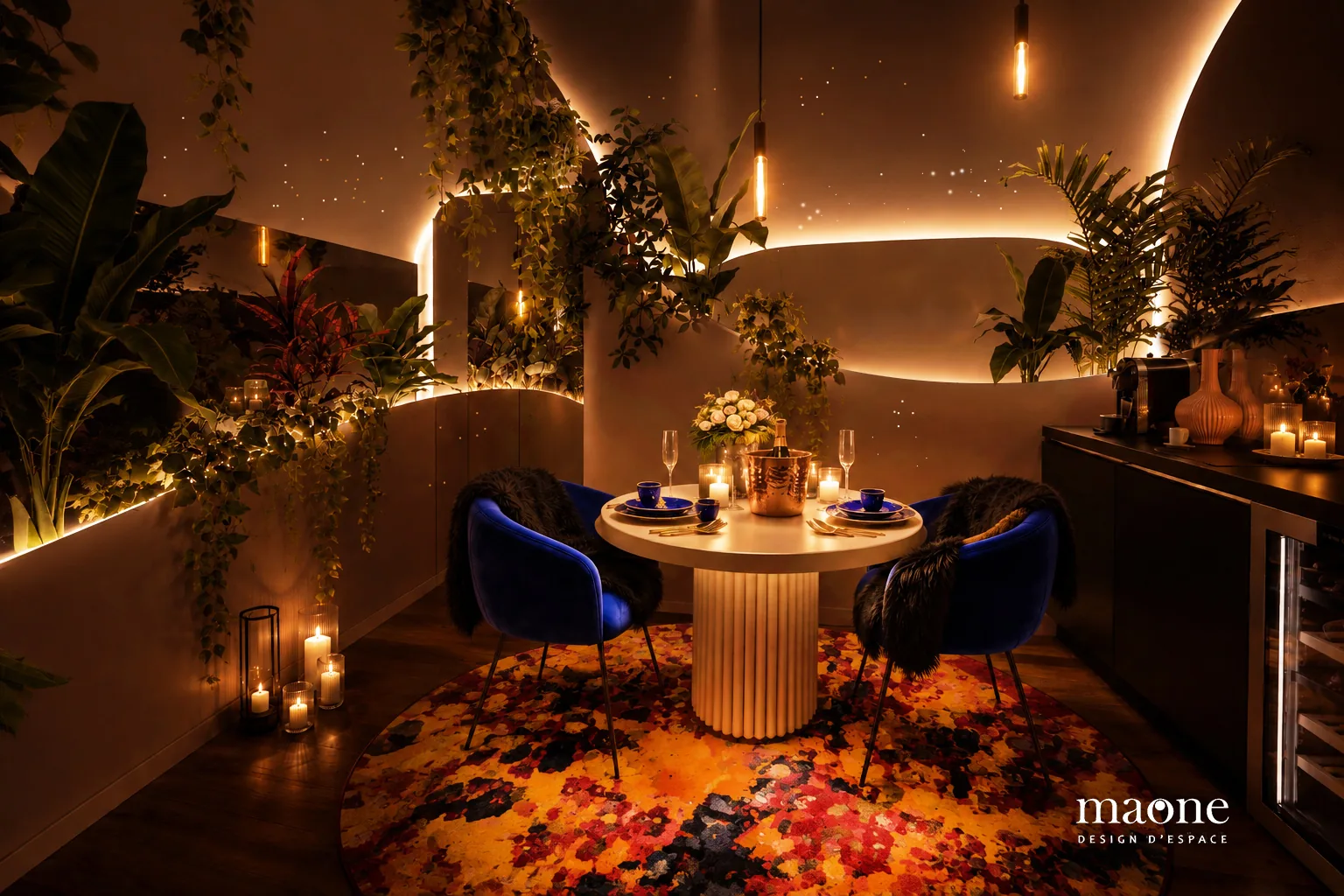 Projection de la love room de Freddy : lumière, végétation et espace de détente