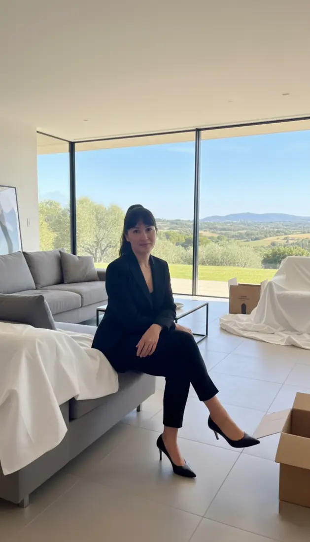 Olivia Massimelli assise dans un séjour lumineux avec vue sur la campagne, entourée de cartons