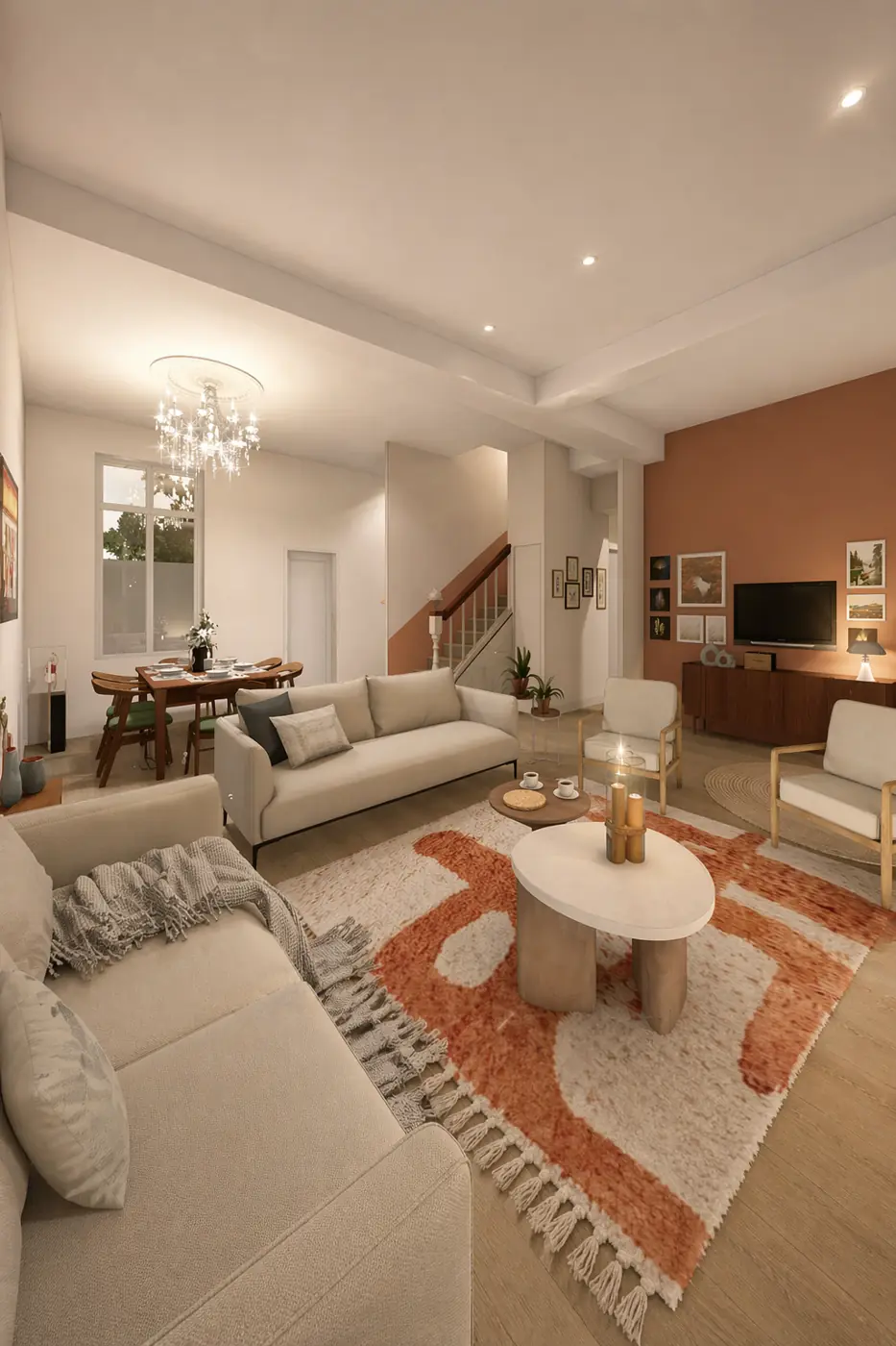 Projection 3D d’un séjour avec canapés beiges, tapis terracotta et mur coloré